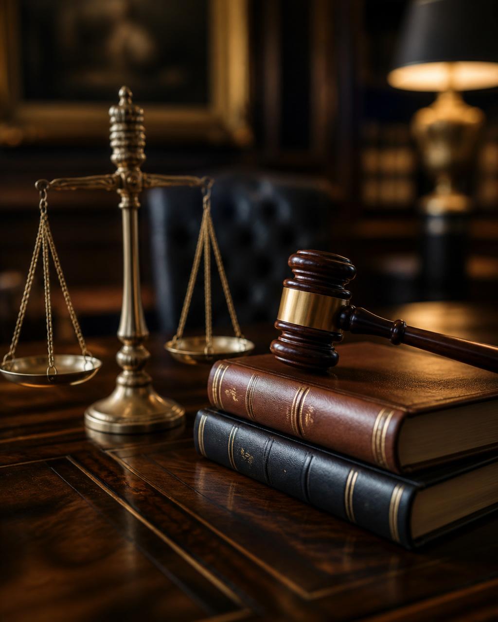Judge's gavel, scale of justice, and leather-bound law books on a walnut desk